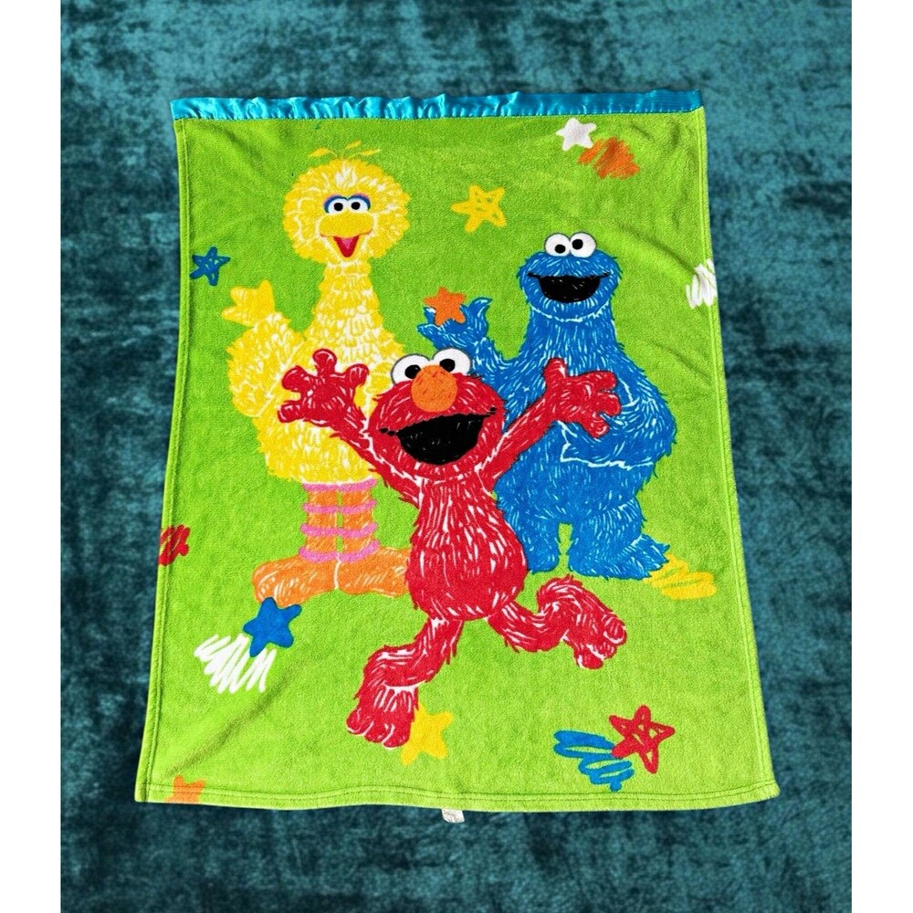 Vintage Sesame Street Elmo Big Bird Cookie Monster Green Fleece Blanket